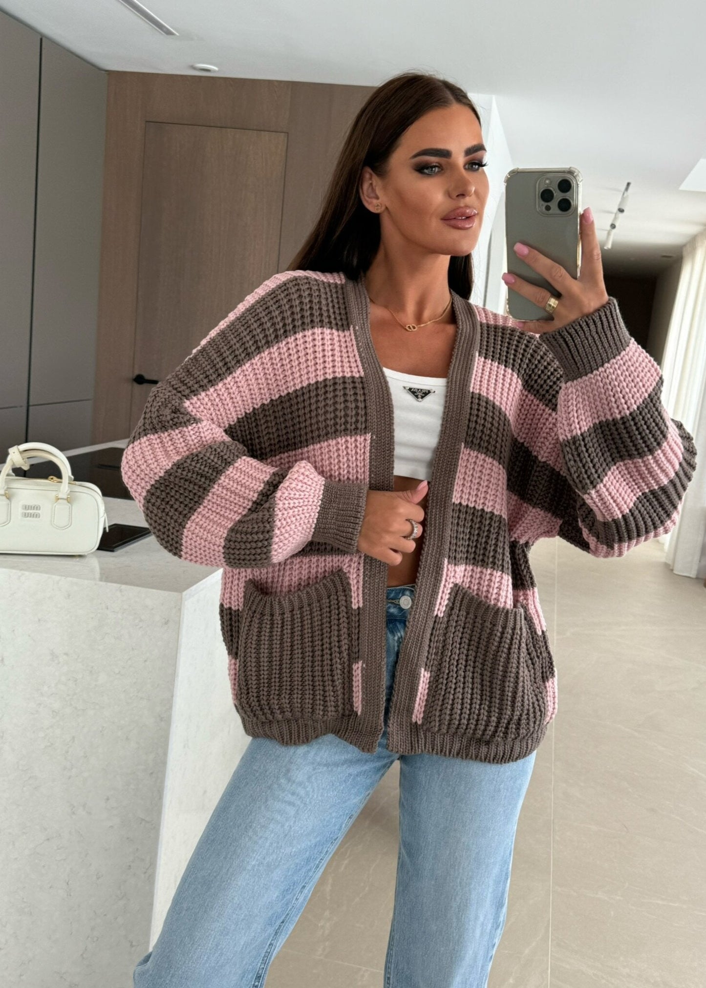 Striped Oversized Knit Cardigan with Pockets