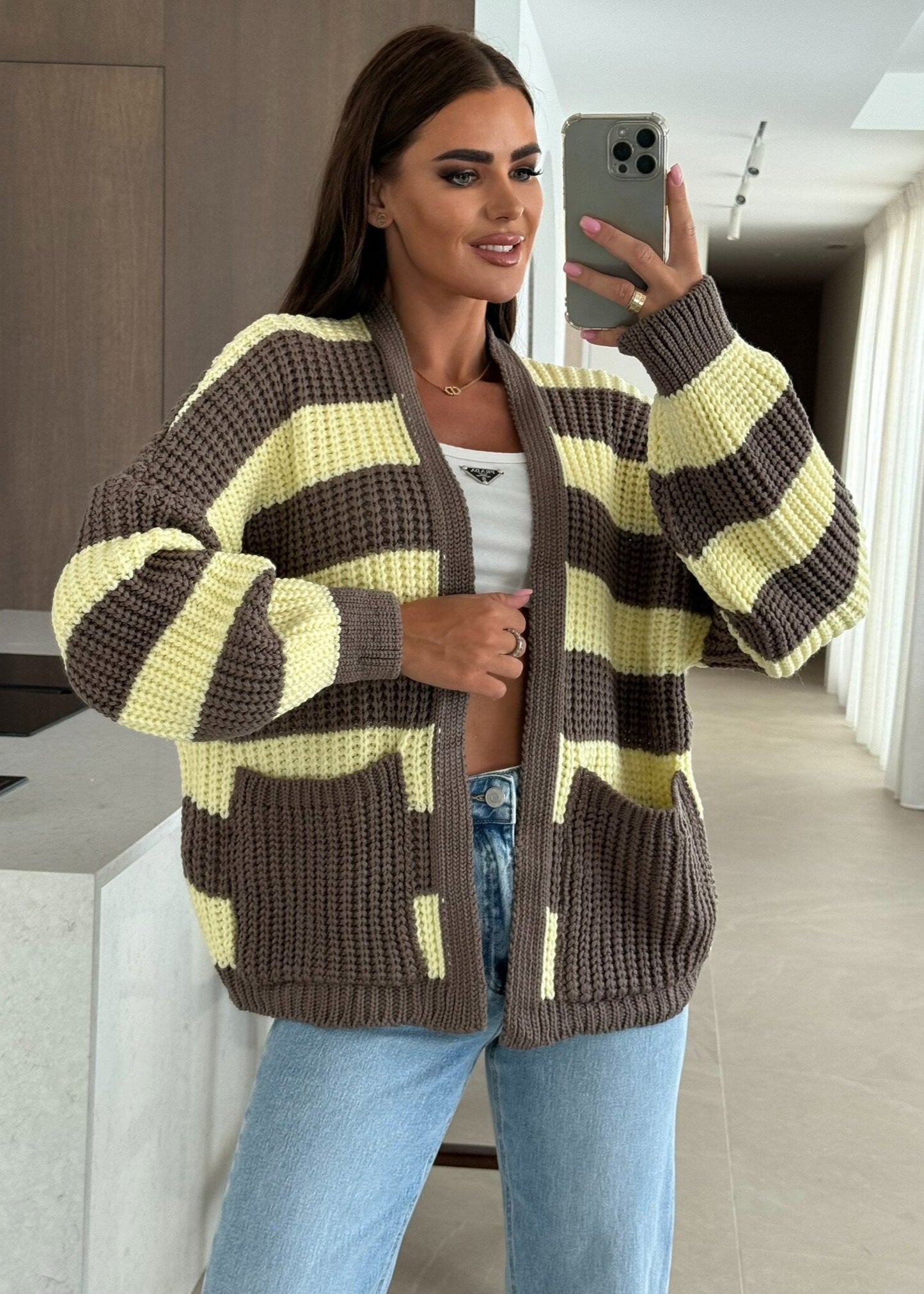 Striped Oversized Knit Cardigan with Pockets