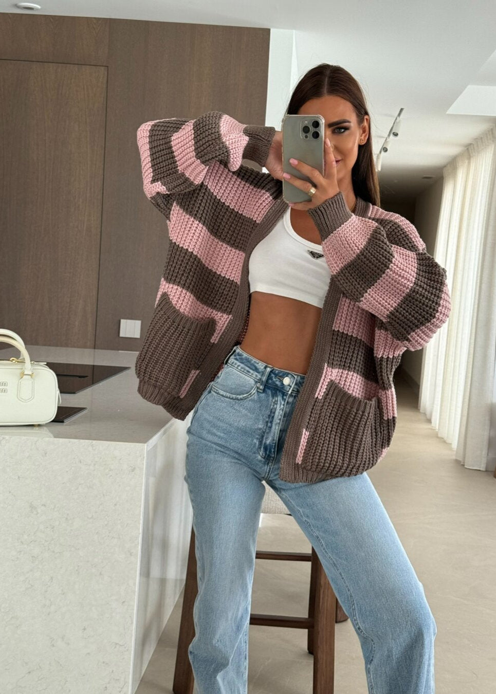 Striped Oversized Knit Cardigan with Pockets