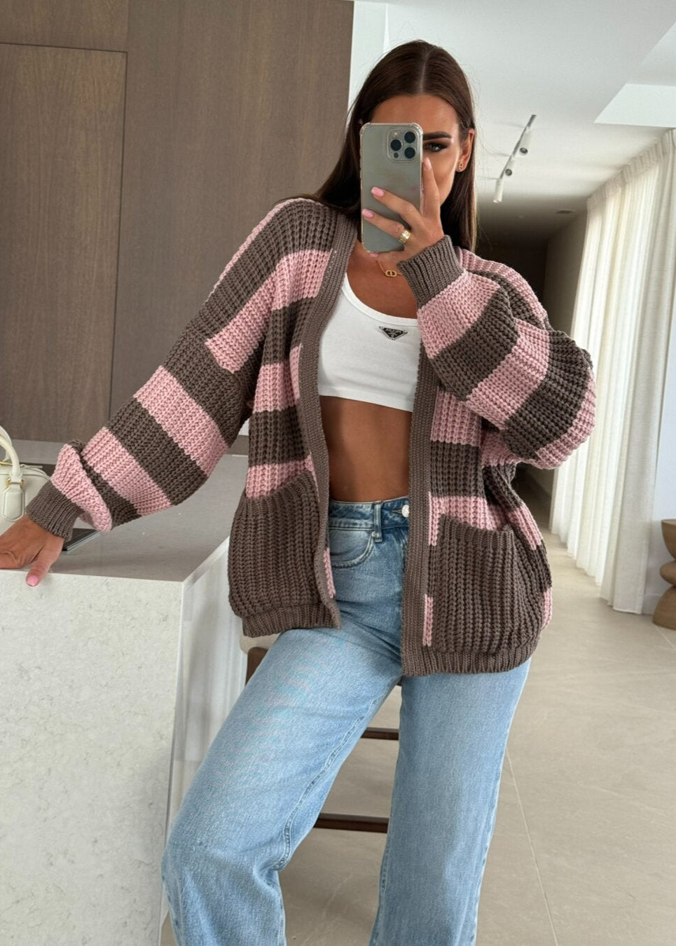 Striped Oversized Knit Cardigan with Pockets