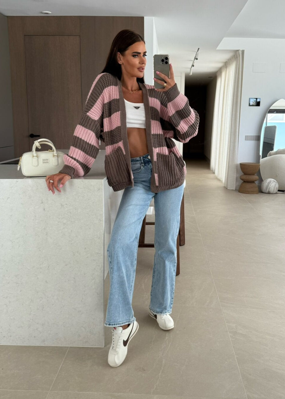 Striped Oversized Knit Cardigan with Pockets