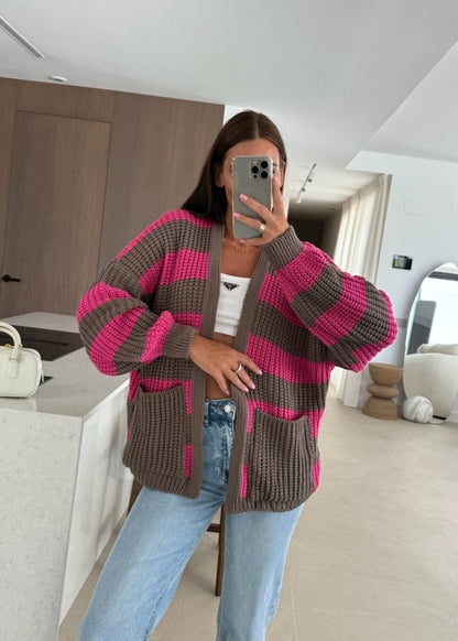 Striped Oversized Knit Cardigan with Pockets