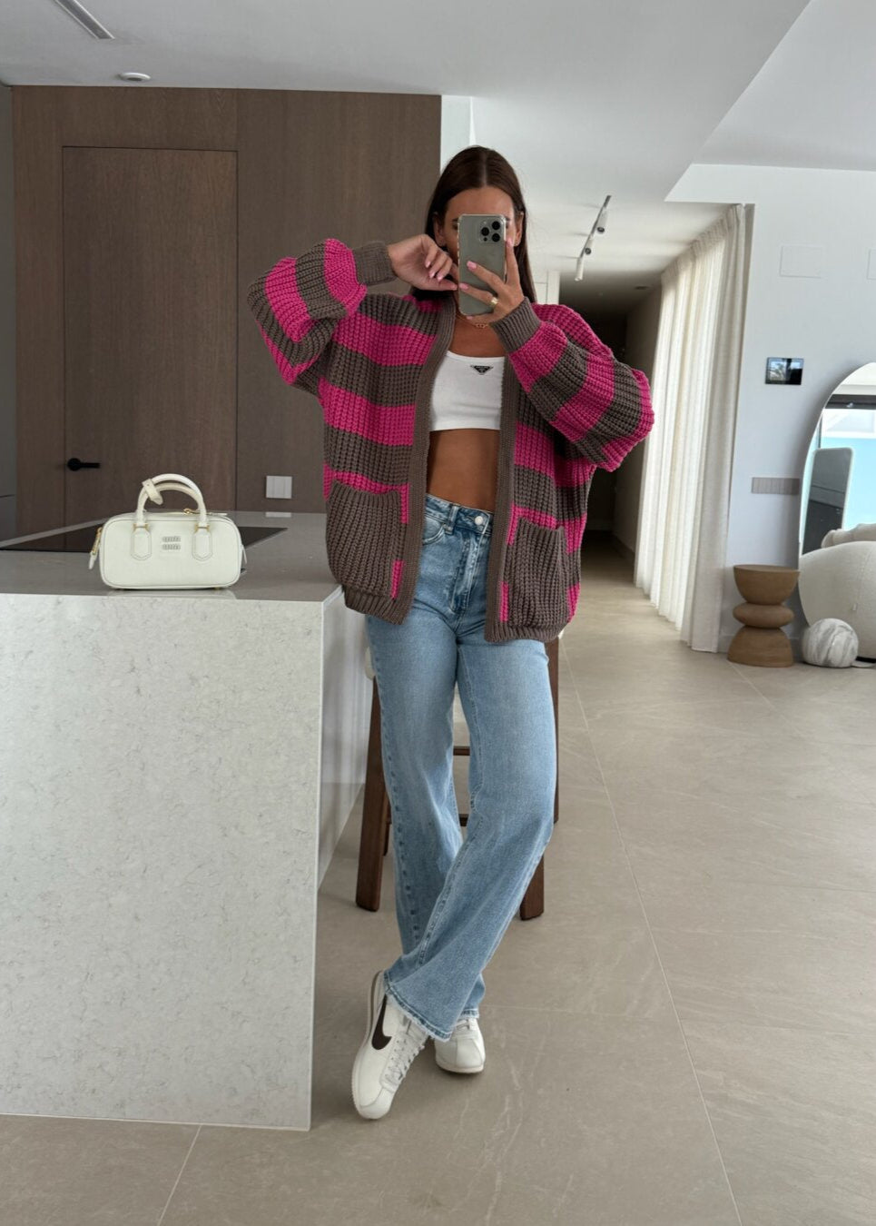 Striped Oversized Knit Cardigan with Pockets