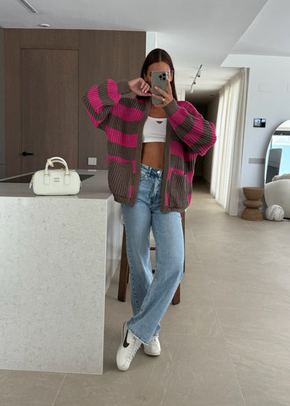 Striped Oversized Knit Cardigan with Pockets