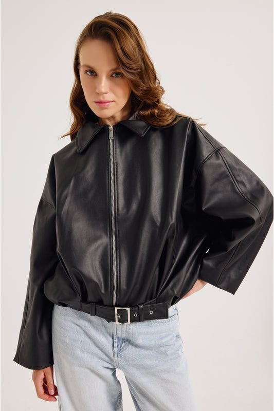 Oversized Faux Leather Jacket for Women