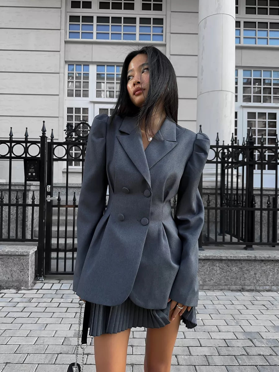 Elegant Long-Sleeve Blazer & Pleated Mini Skirt Set