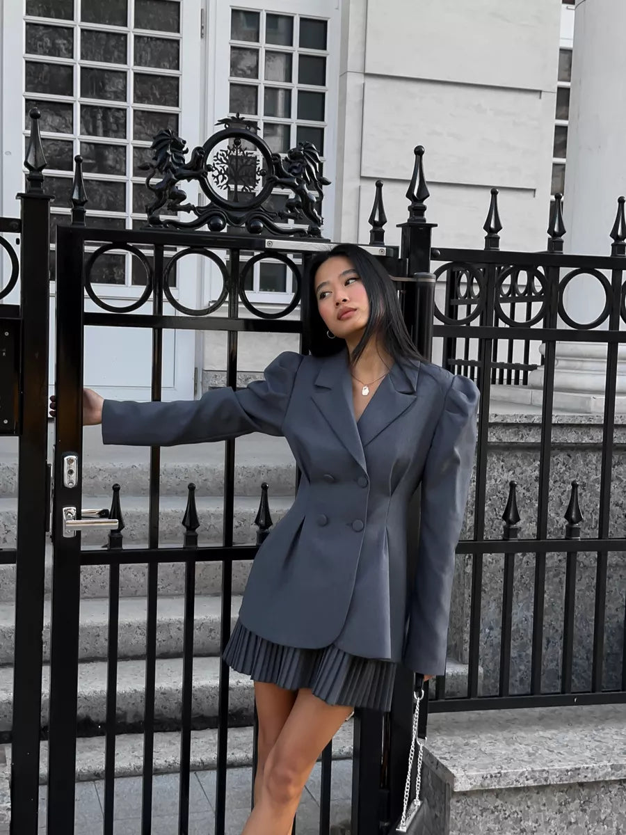 Elegant Long-Sleeve Blazer & Pleated Mini Skirt Set