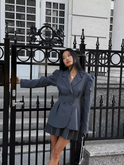 Elegant Long-Sleeve Blazer & Pleated Mini Skirt Set