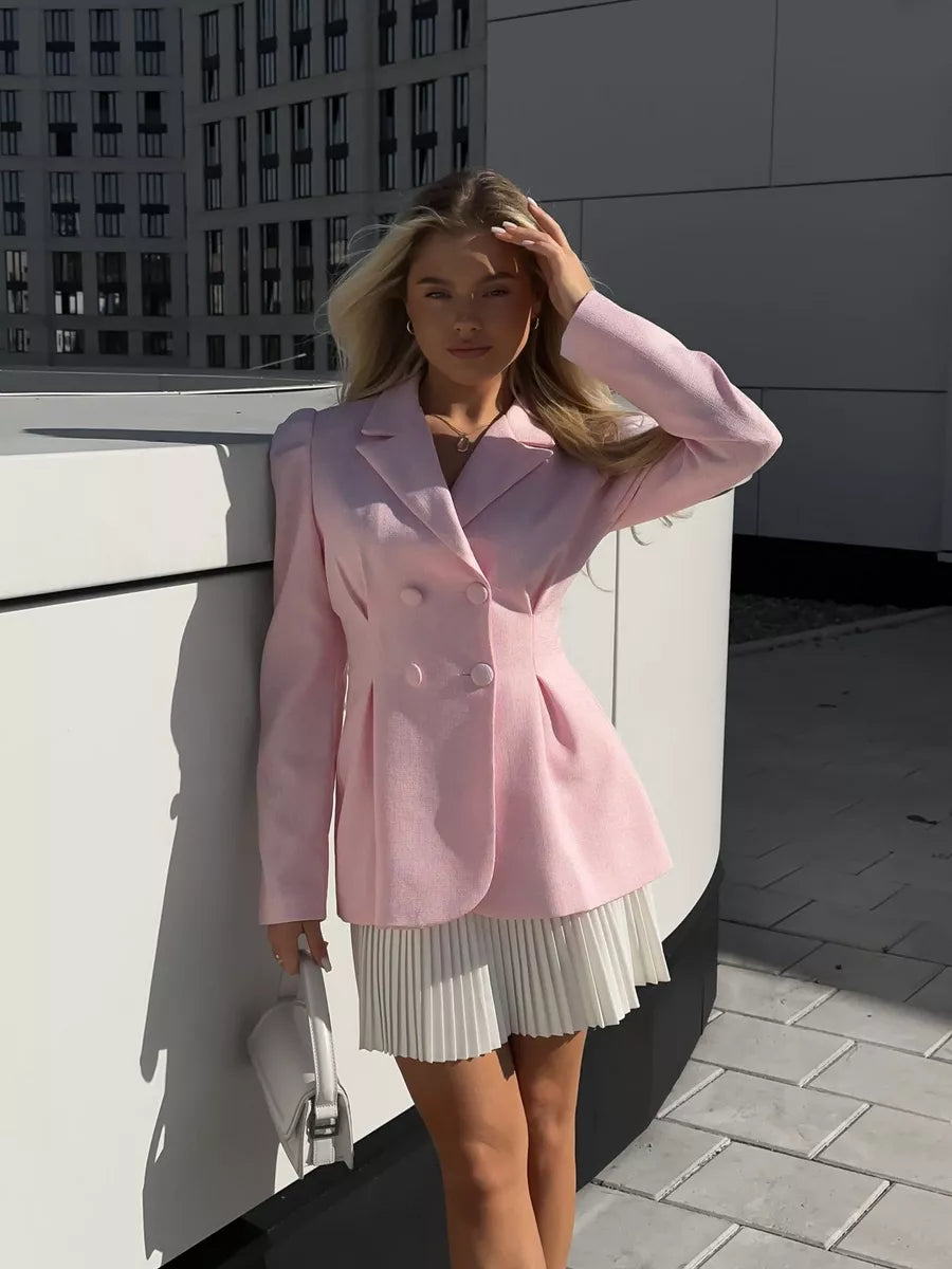 Elegant Long-Sleeve Blazer & Pleated Mini Skirt Set