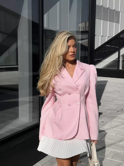Elegant Long-Sleeve Blazer & Pleated Mini Skirt Set