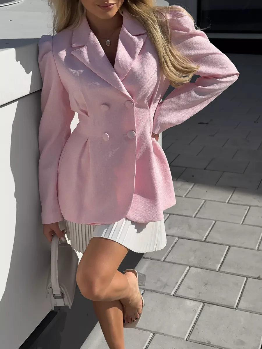 Elegant Long-Sleeve Blazer & Pleated Mini Skirt Set