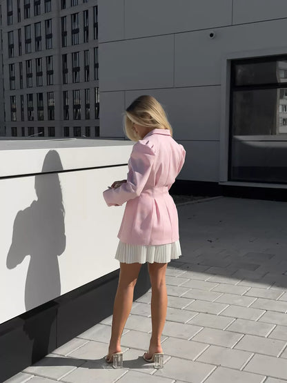 Elegant Long-Sleeve Blazer & Pleated Mini Skirt Set