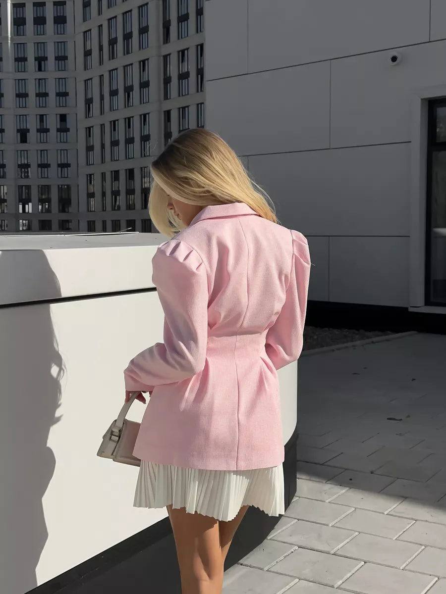 Elegant Long-Sleeve Blazer & Pleated Mini Skirt Set