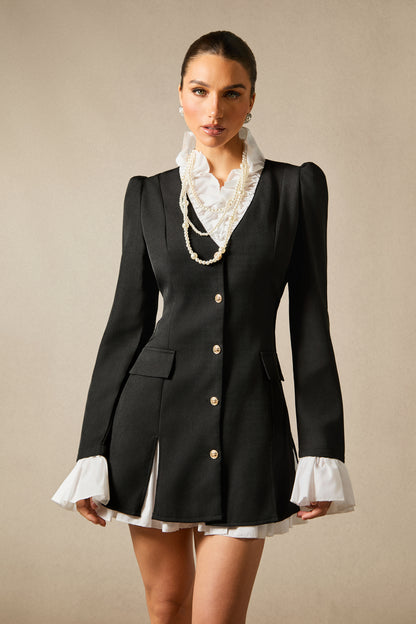 Elegant Lapel Patchwork Long-Sleeve Blazer Dress