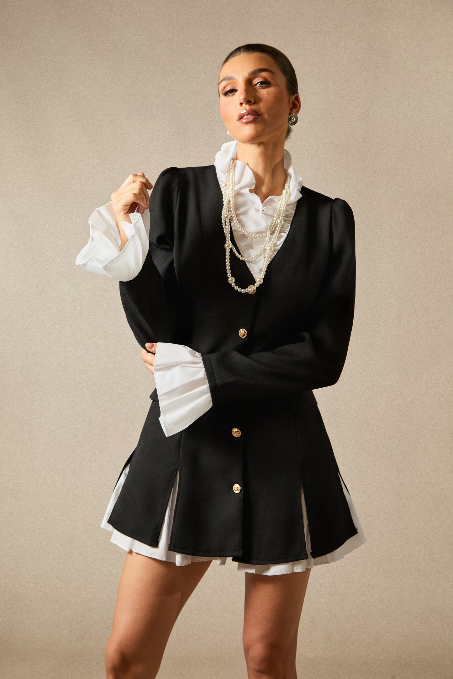 Elegant Lapel Patchwork Long-Sleeve Blazer Dress