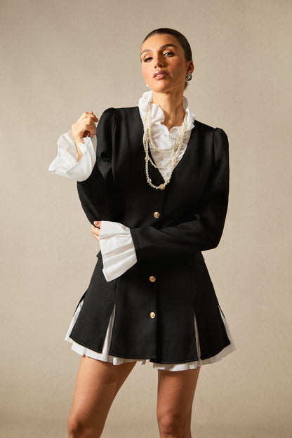 Elegant Lapel Patchwork Long-Sleeve Blazer Dress