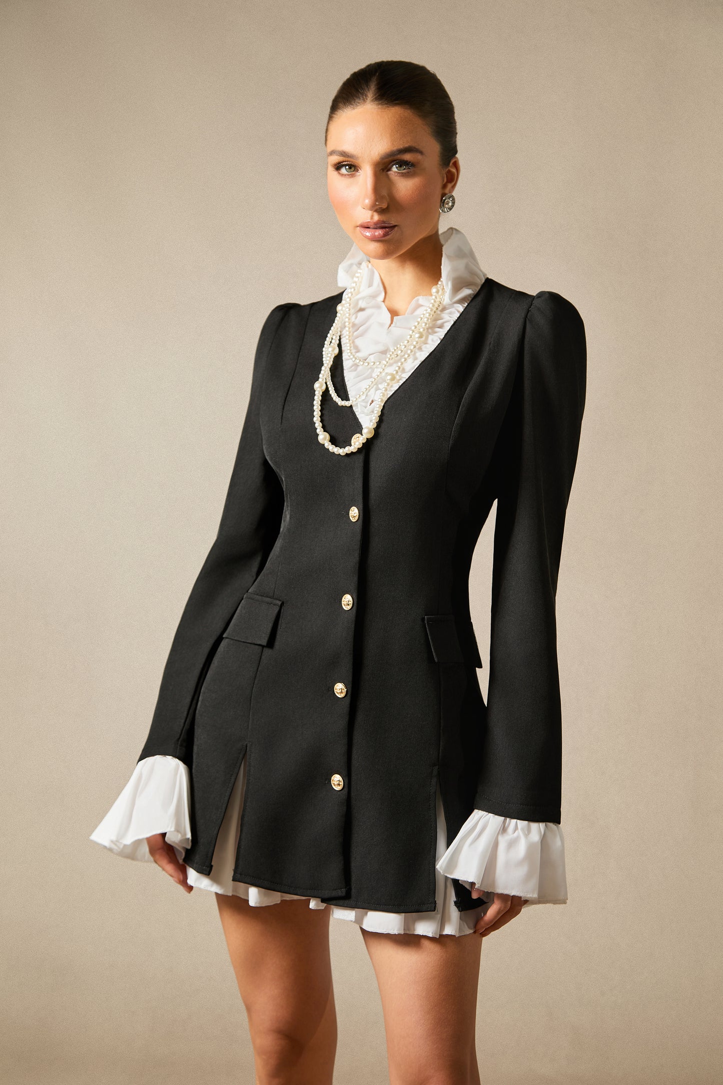 Elegant Lapel Patchwork Long-Sleeve Blazer Dress