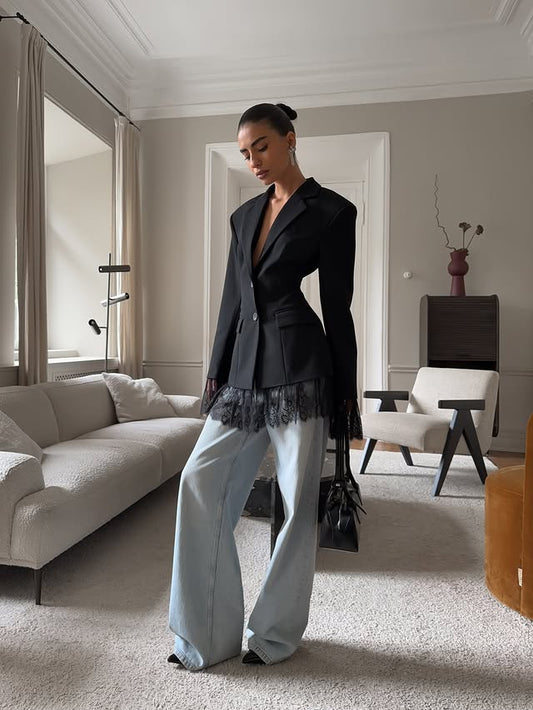 Elegant Lace-Trimmed Black Blazer
