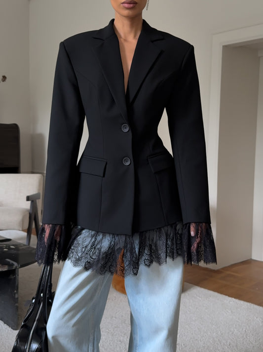 Elegant Lace-Trimmed Black Blazer