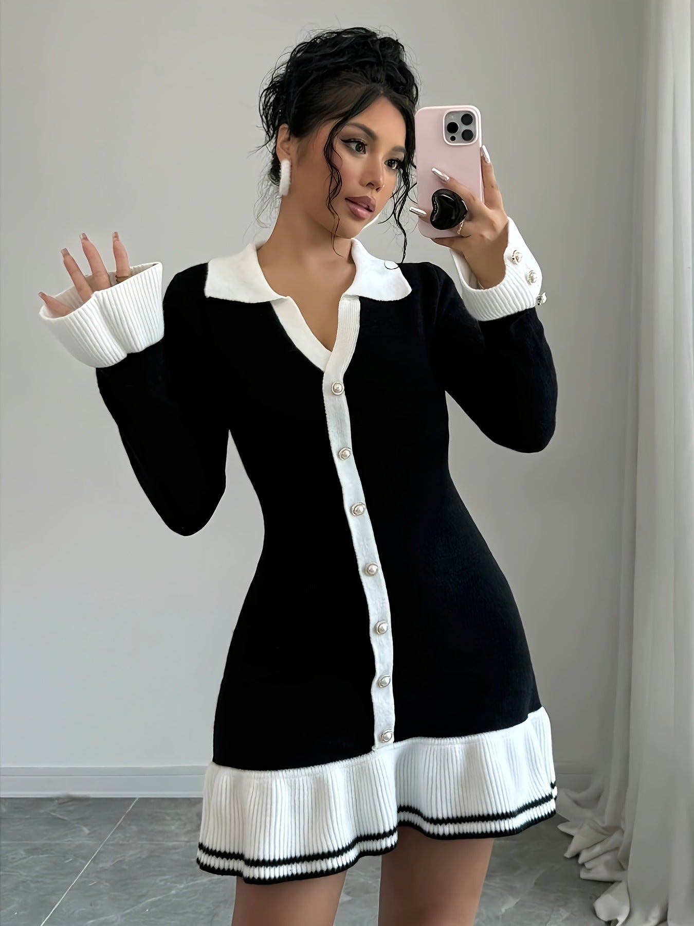 Knit Ruffle Trim Long-Sleeve V-Neck Dress