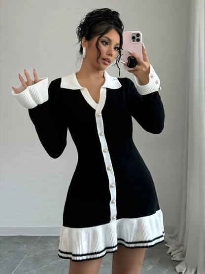 Knit Ruffle Trim Long-Sleeve V-Neck Dress