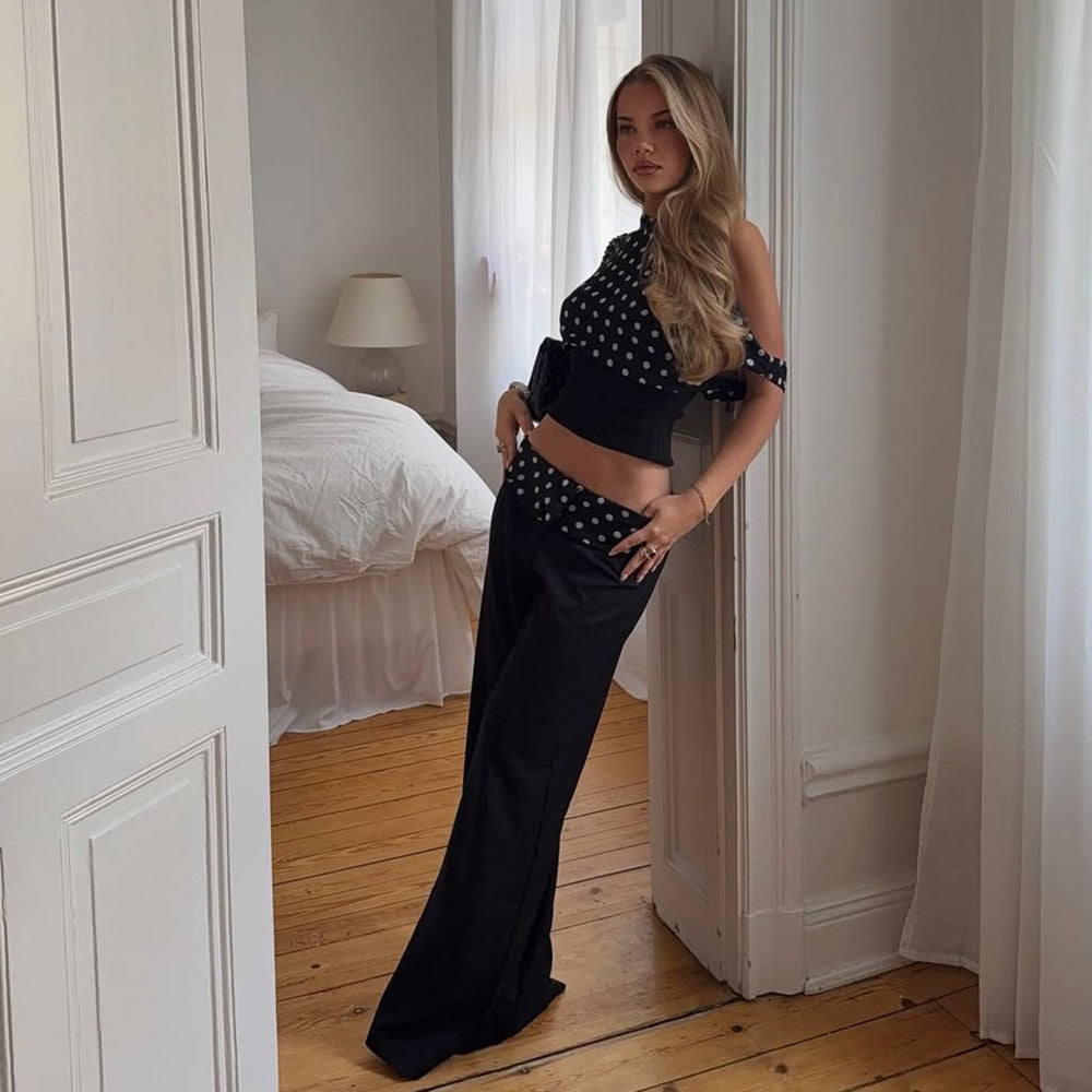 One-shoulder wide-leg pants polka dot set