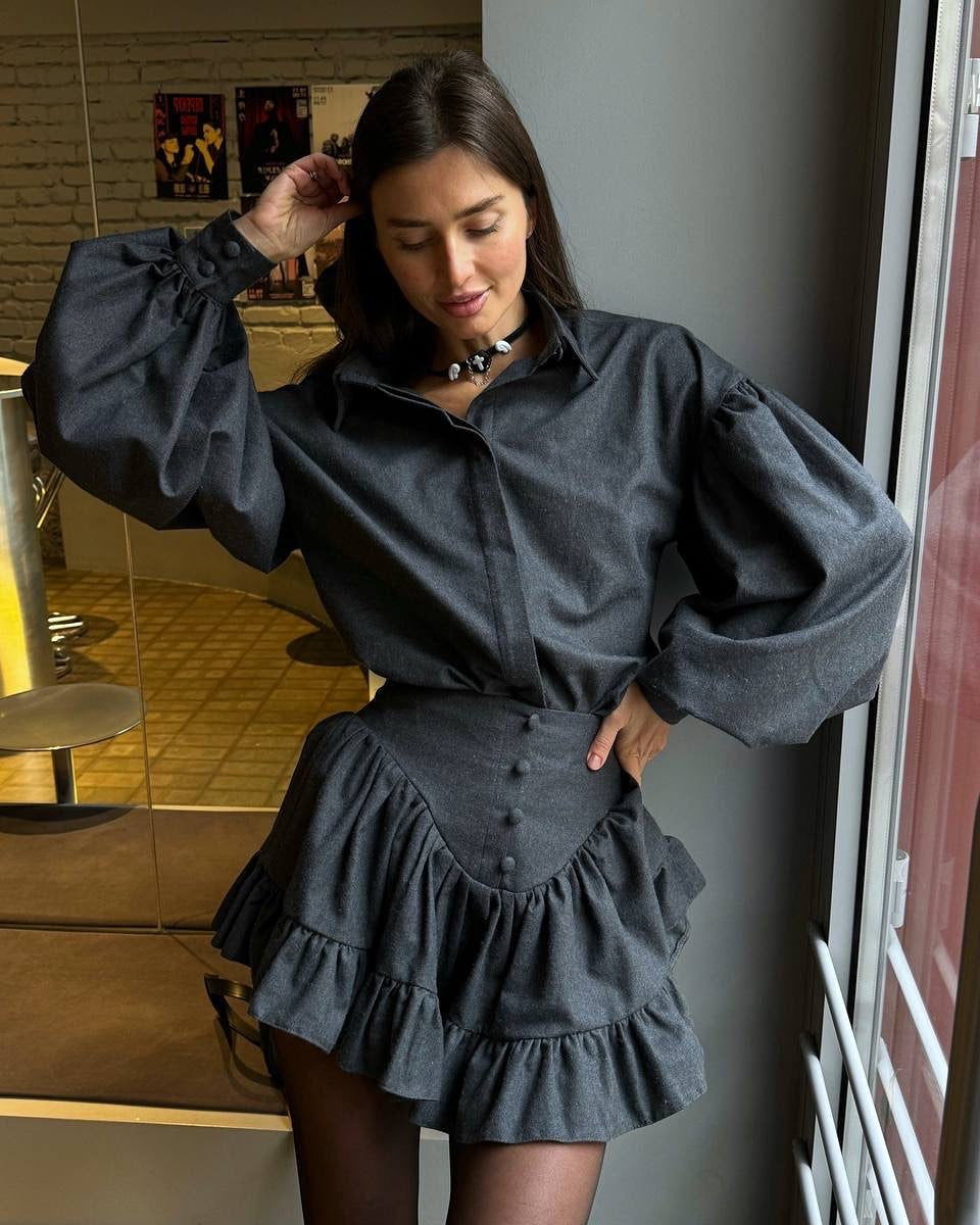 Elegant Ruffle Long Sleeve Shirt + Mini Skirt Set