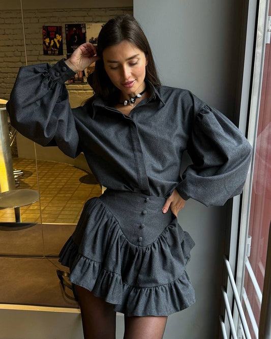 Elegant Ruffle Long Sleeve Shirt + Mini Skirt Set