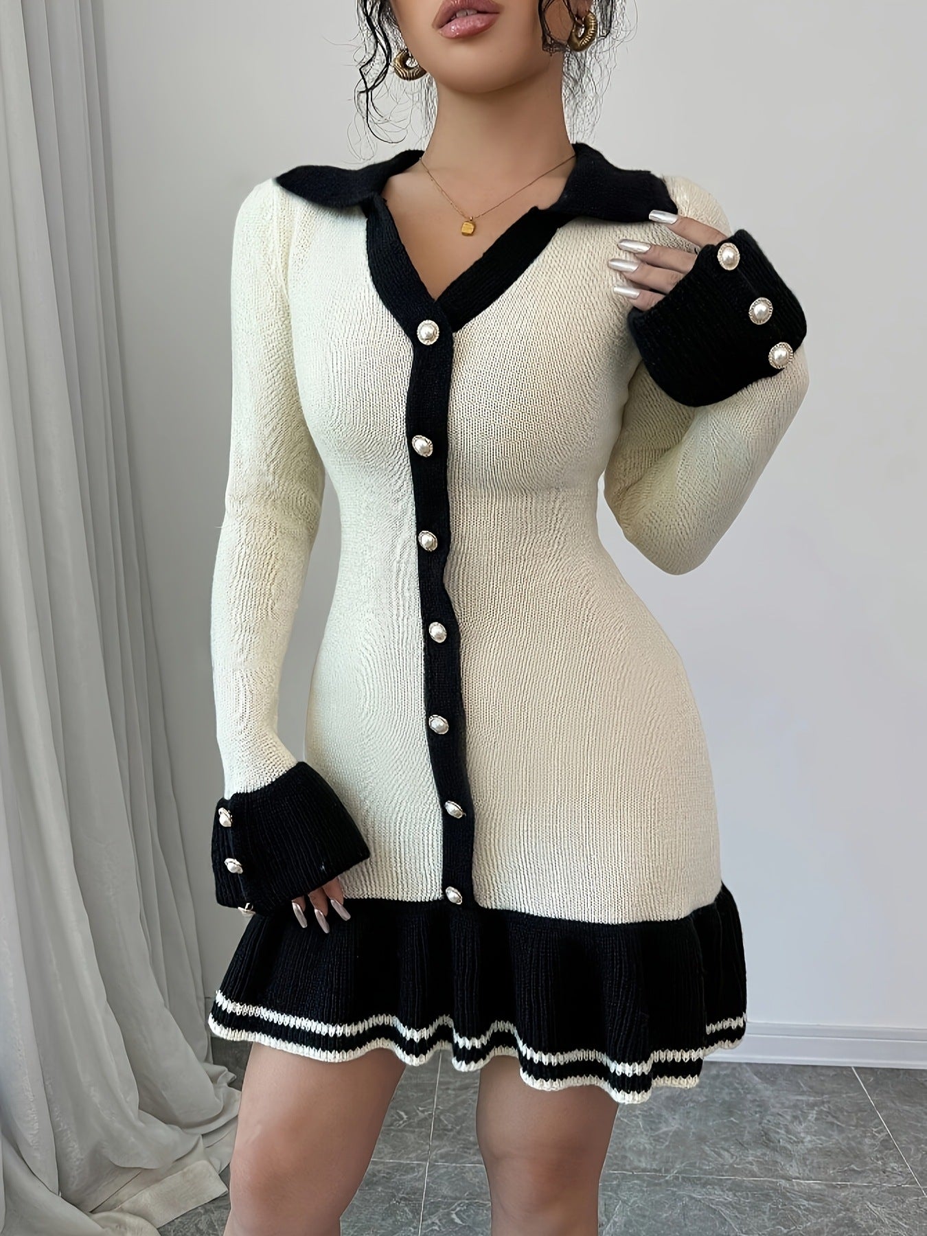 Knit Ruffle Trim Long-Sleeve V-Neck Dress