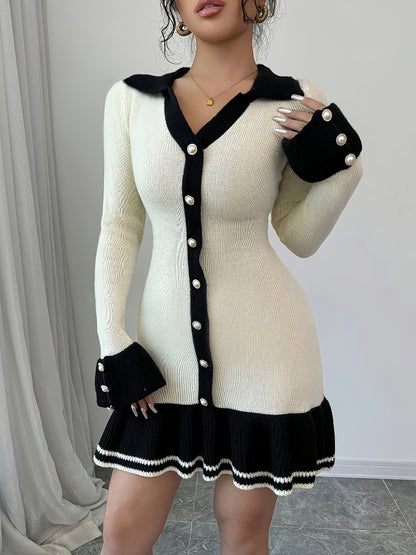 Knit Ruffle Trim Long-Sleeve V-Neck Dress