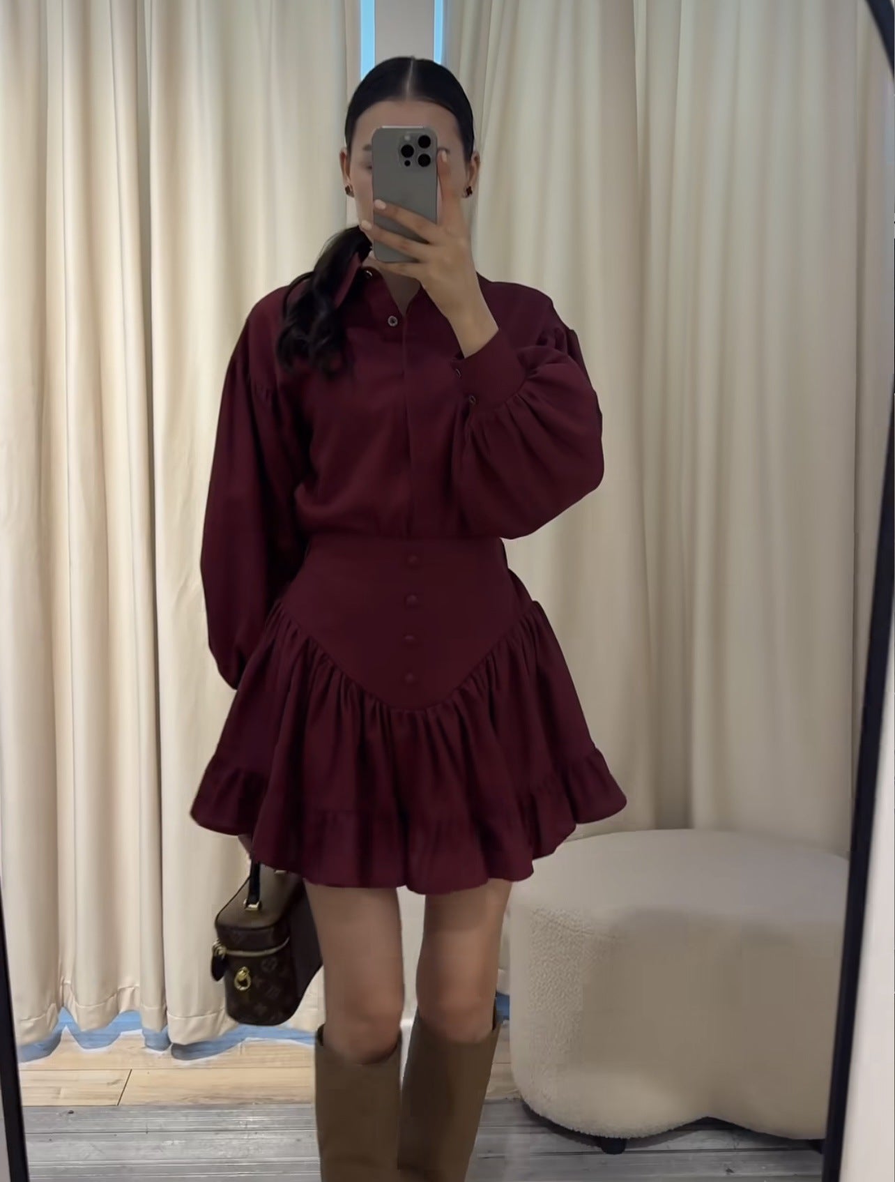 Elegant Ruffle Long Sleeve Shirt + Mini Skirt Set