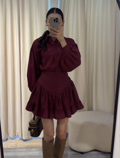Elegant Ruffle Long Sleeve Shirt + Mini Skirt Set