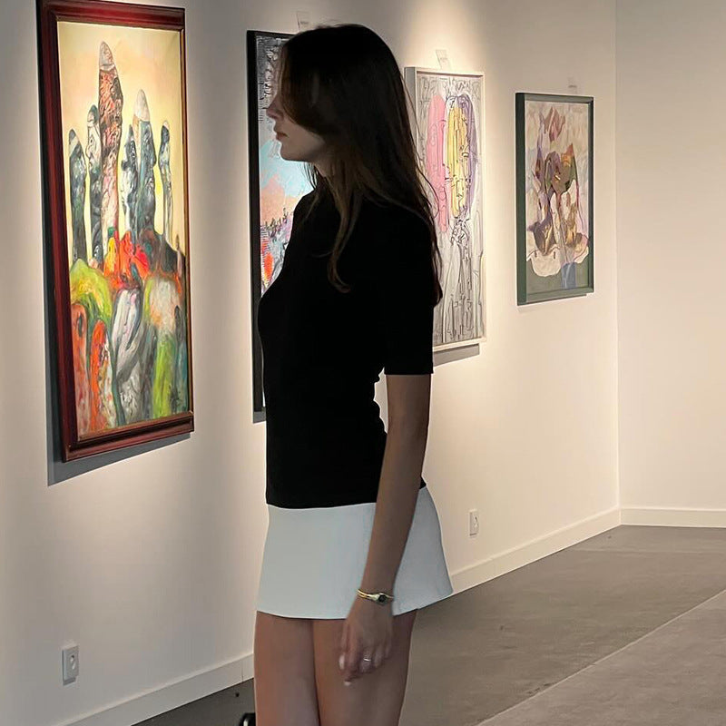 Simple black and white color clash dress