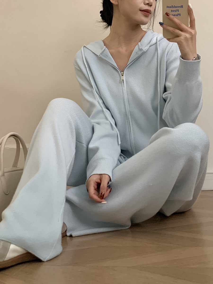 Hooded Soft Knit Cardigan + Wide-Leg Pants Set