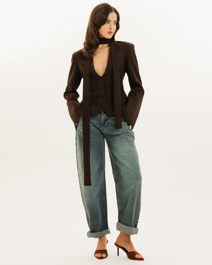 V-Neck Padded Shoulder Cropped Blazer