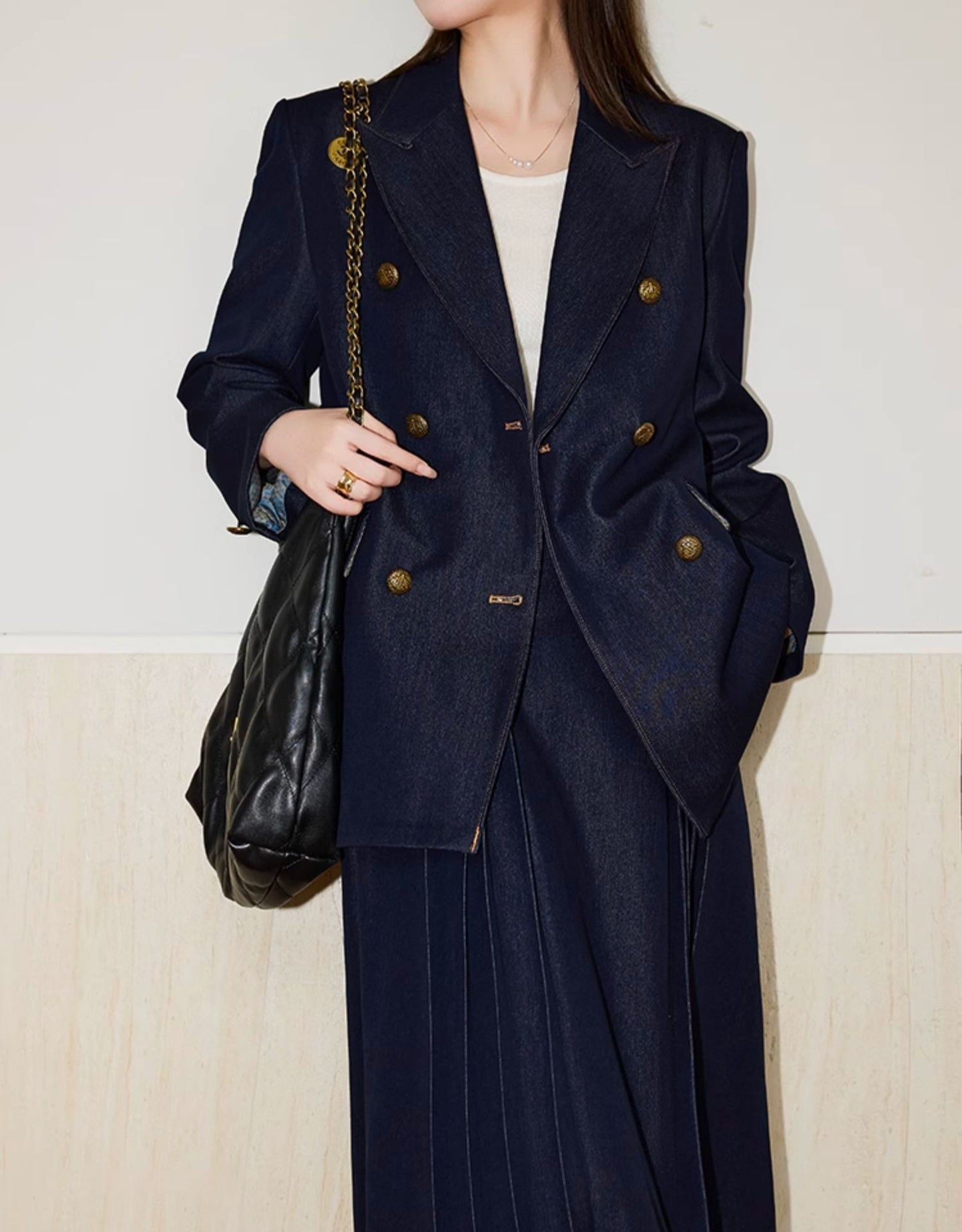 Double-Breasted  Blazer + Elegant Flared Maxi Skirt