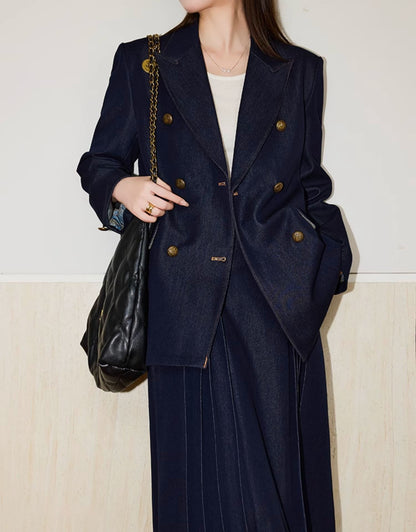 Double-Breasted  Blazer + Elegant Flared Maxi Skirt