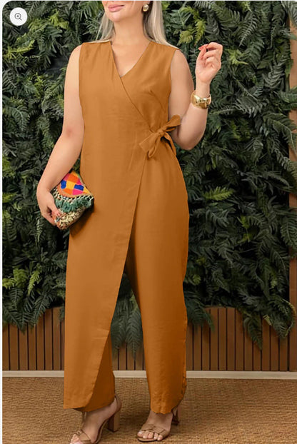 Solid Color Cross-Tie V-Neck Sleeveless Jumpsuit Dress