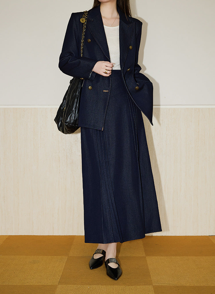 Double-Breasted  Blazer + Elegant Flared Maxi Skirt