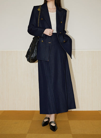 Double-Breasted  Blazer + Elegant Flared Maxi Skirt