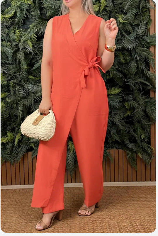 Solid Color Cross-Tie V-Neck Sleeveless Jumpsuit Dress