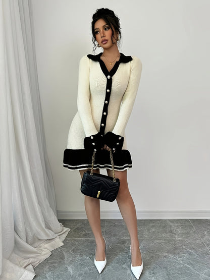 Knit Ruffle Trim Long-Sleeve V-Neck Dress