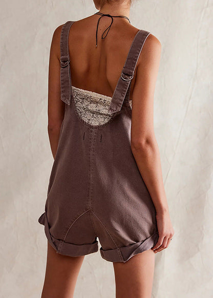 Washed Denim Romper with Adjustable Straps and Pockets