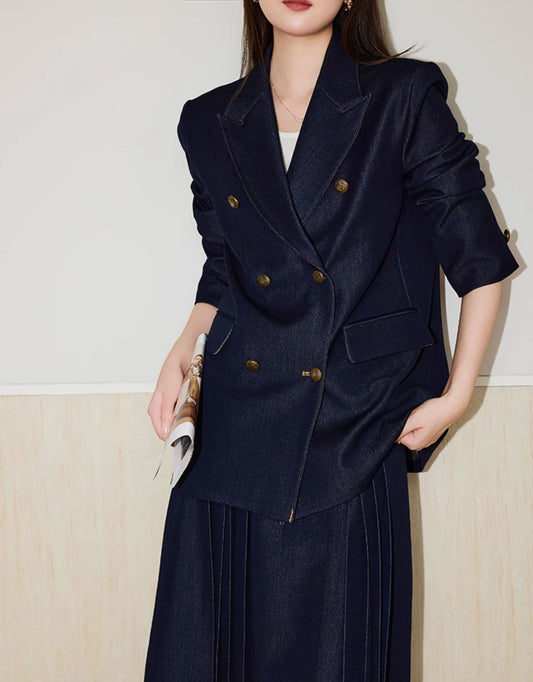 Double-Breasted  Blazer + Elegant Flared Maxi Skirt