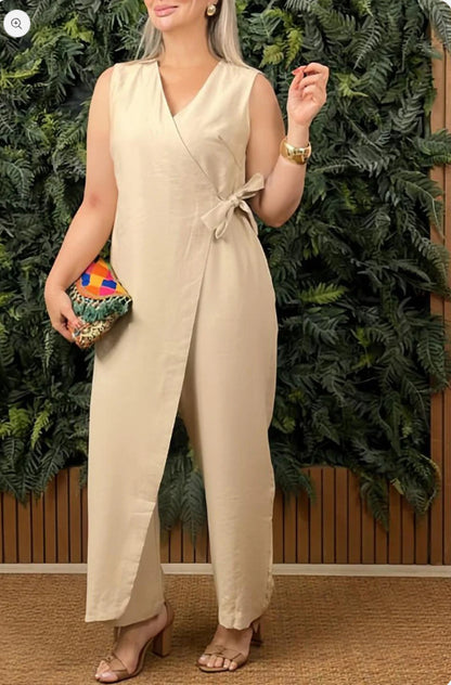 Solid Color Cross-Tie V-Neck Sleeveless Jumpsuit Dress