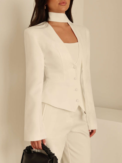 V-Neck Padded Shoulder Cropped Blazer