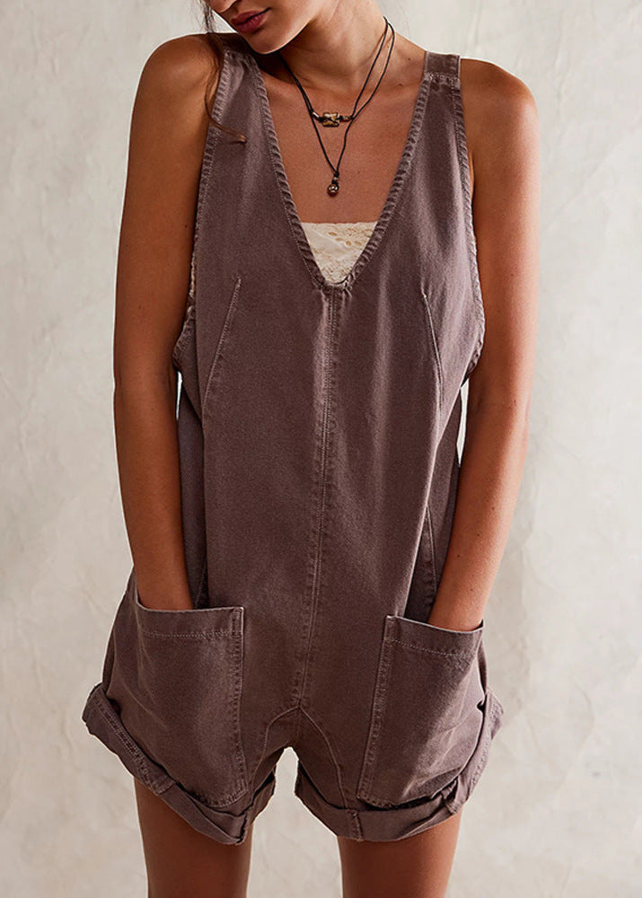 Washed Denim Romper with Adjustable Straps and Pockets