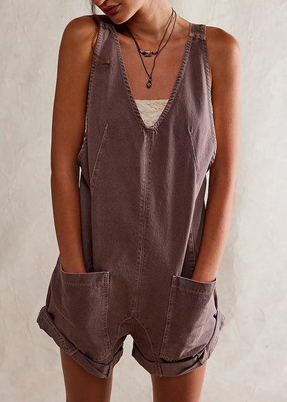 Washed Denim Romper with Adjustable Straps and Pockets