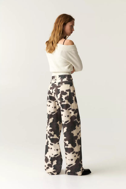 Cow Print Tie-Dye Wide-Leg Jeans
