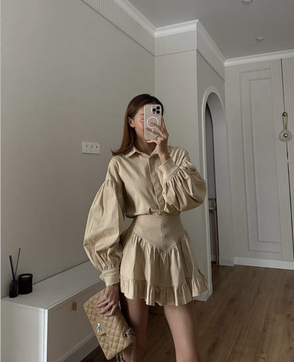 Elegant Ruffle Long Sleeve Shirt + Mini Skirt Set